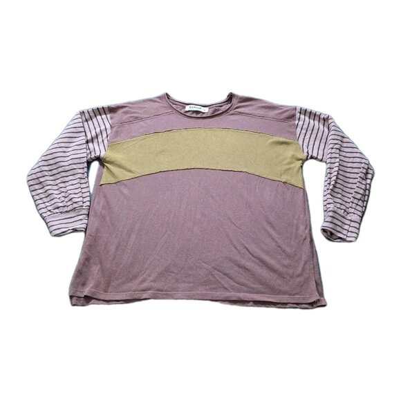 Three Bird Nest T Shirt Womens M LS Colorblock Long Striped Sleeves Stretch Boho - Picture 1 of 11